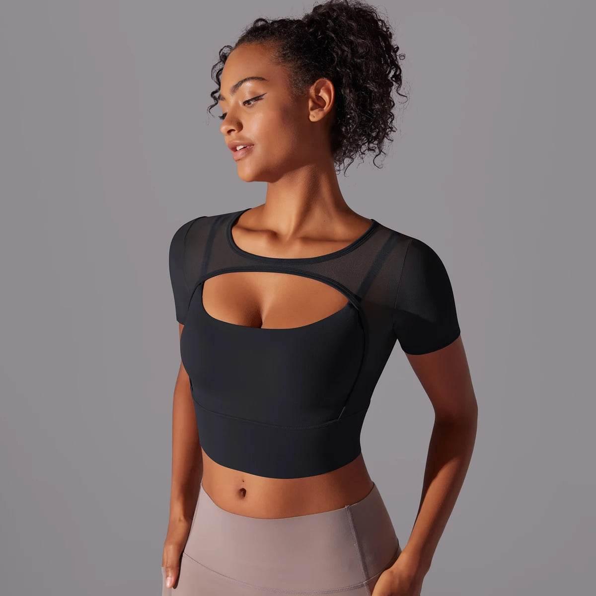 Solid Color Yoga Short Sleeve Sexy Double Layer Yoga Tank Top Spliced Mesh Yoga Clothing Top Fitness Running Sports Bra Women - Empire P.E