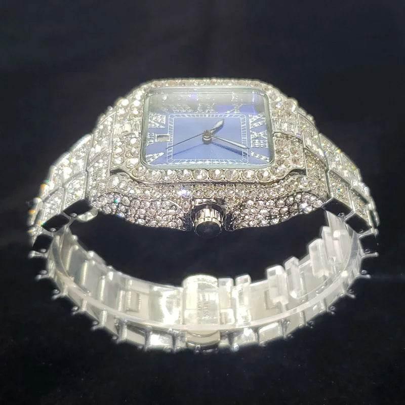 Luxury Diamond Watch Men Hip Hop Bling Iced Out Quartz Watches Fashion Blue Dial Silver Shiny Party Jewelry Relojes Dropshipping - Empire P.E