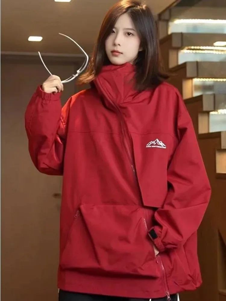 Outdoor Windbreaker Women Double Zipper Sweatshirt Hooded