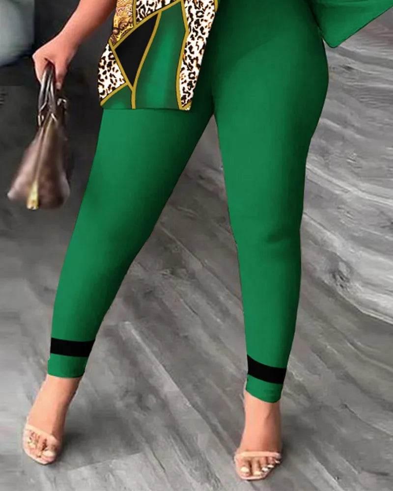 Elegant Women Two Piece Set Suits New Fashion Printed Ruffle Sleeve Top Solid Color Pants Set With Belt Blouses Female Clothing - Empire P.E