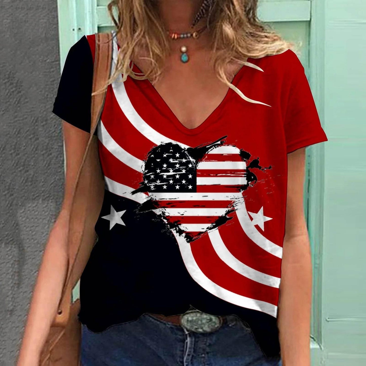 Fashion Women's T Shirt USA Flag Print Harajuku T-shirt Summer 2023 Top Kawaii Tees V Neck Pluse Size American Lady Y2k Clothing - Empire P.E