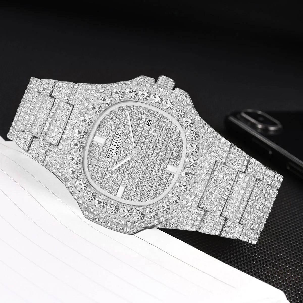 Wholesale Men Women Diamond Iced Out Watch Stainless Steel Big Crystal Stone Quartz Wristwatches for Mens Full Paved - Empire P.E