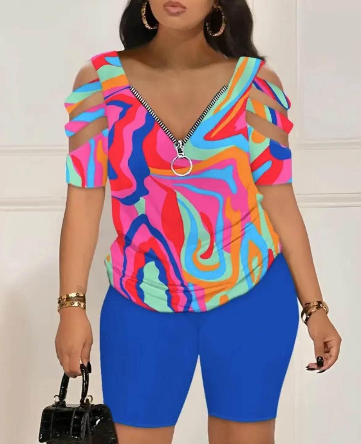 2024 Fashion Sexy Out T Shirt And Shorts 2 Piece Sets Women Outfit Summer Casual Loose Print T Shirts Two Piece Set For Women - Empire P.E