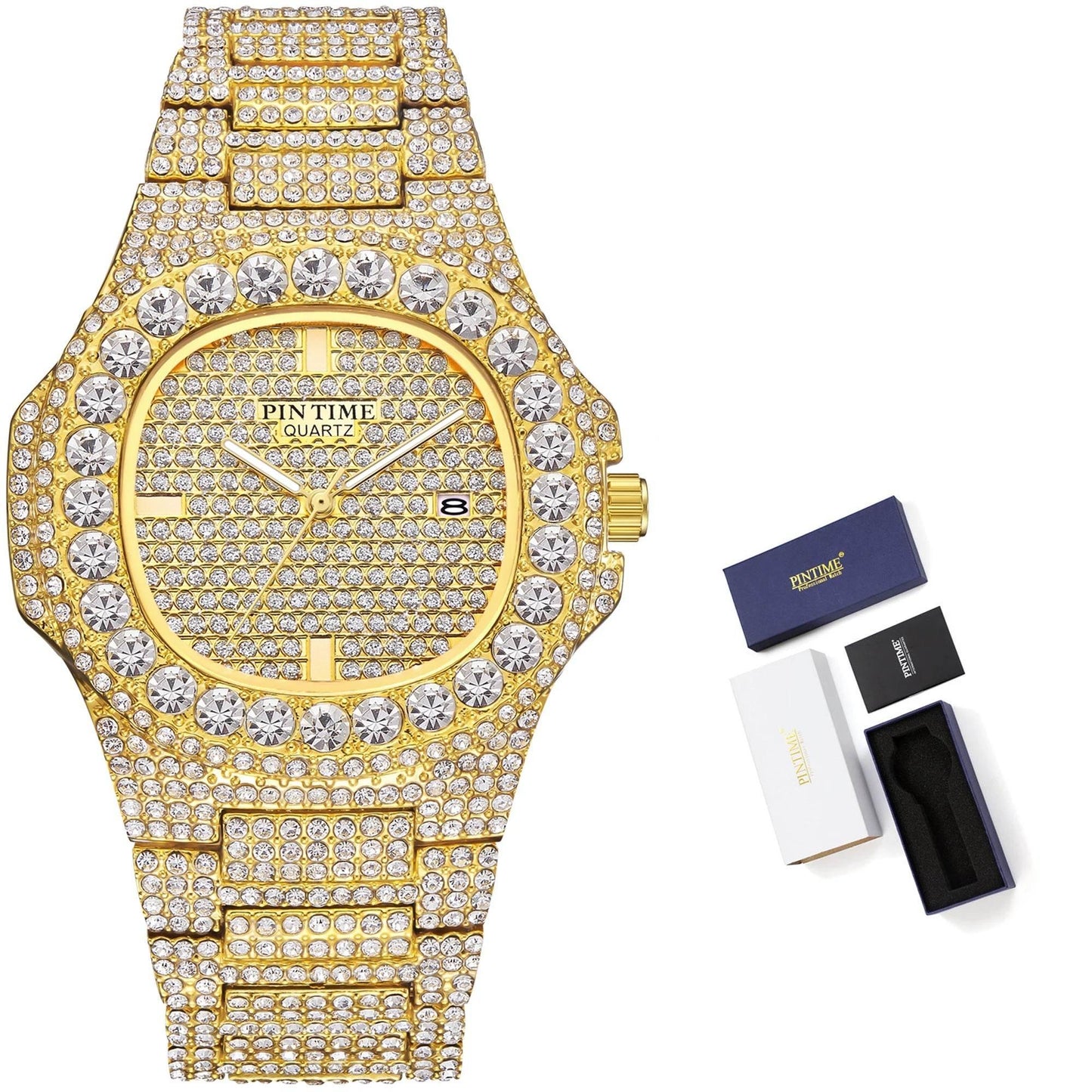 Wholesale Men Women Diamond Iced Out Watch Stainless Steel Big Crystal Stone Quartz Wristwatches for Mens Full Paved - Empire P.E