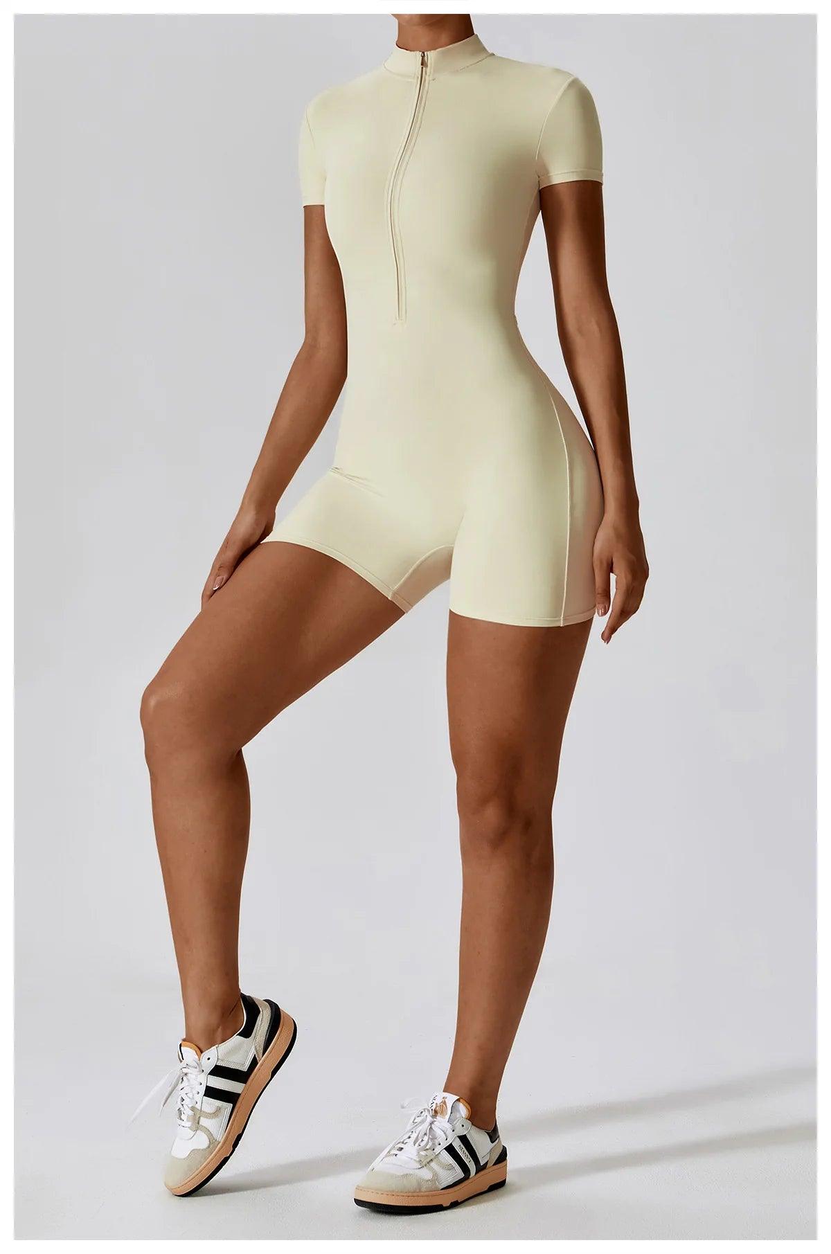 Yoga Set Women's One-Piece Suit Zipper Short Sleeve Gym Push Up Workout Clothes Fitness Short Bodysuit Sportswear Jumpsuits - Empire P.E