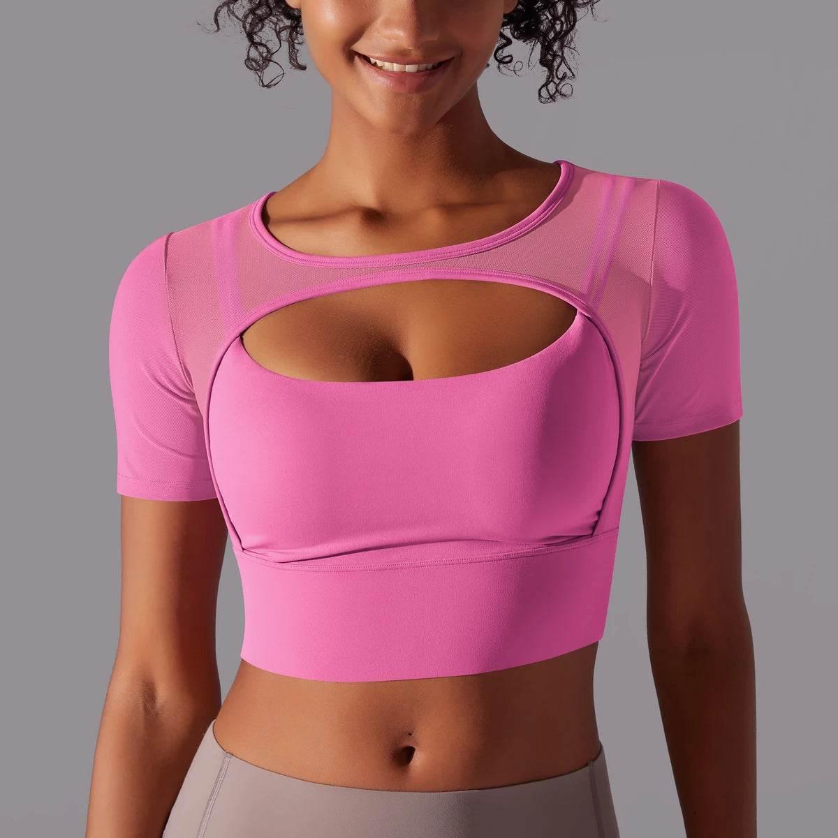 Solid Color Yoga Short Sleeve Sexy Double Layer Yoga Tank Top Spliced Mesh Yoga Clothing Top Fitness Running Sports Bra Women - Empire P.E
