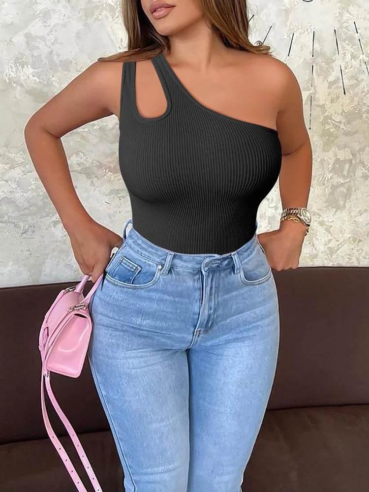 Women's Yoga Bodysuit Sleeveless Solid Color Sexy Fitness Workout Breathable One Shoulder Sport Tight Jumpsuit - Empire P.E