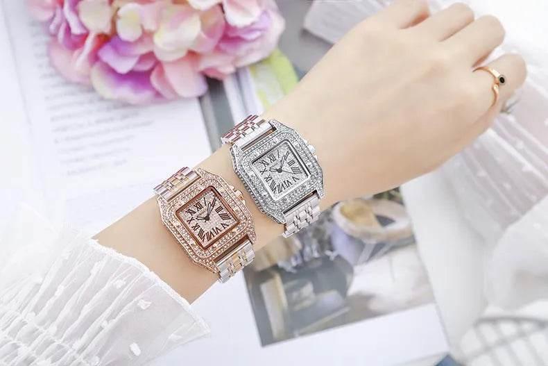 Ladies Dial Quartz Wristwatches Dress Clock Large square diamond-encrusted dial steel belt living waterproof quartz watch - Empire P.E