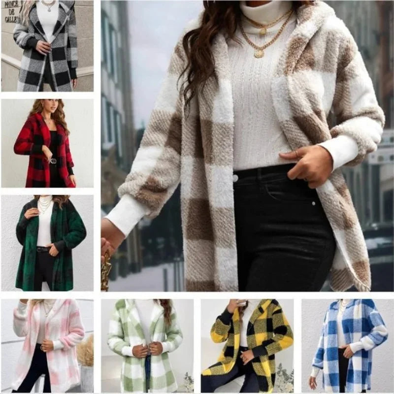 Women Autumn Winter Double Fleece Plaid Outerwear Coat
