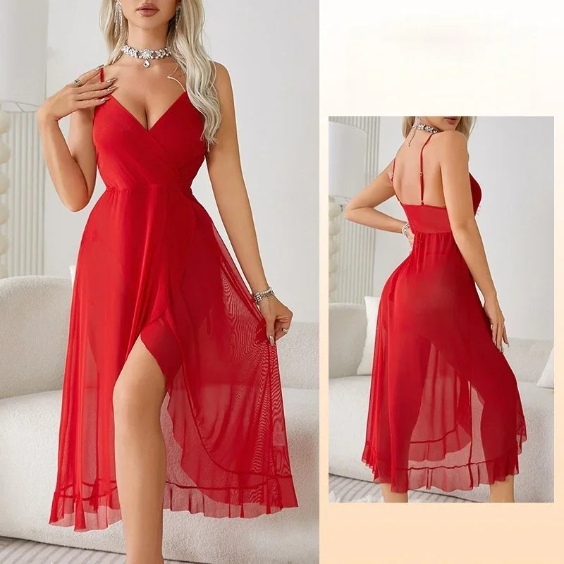 2025 Sleep Shirts Sheer Mesh Slip Dress Criss Cross Back