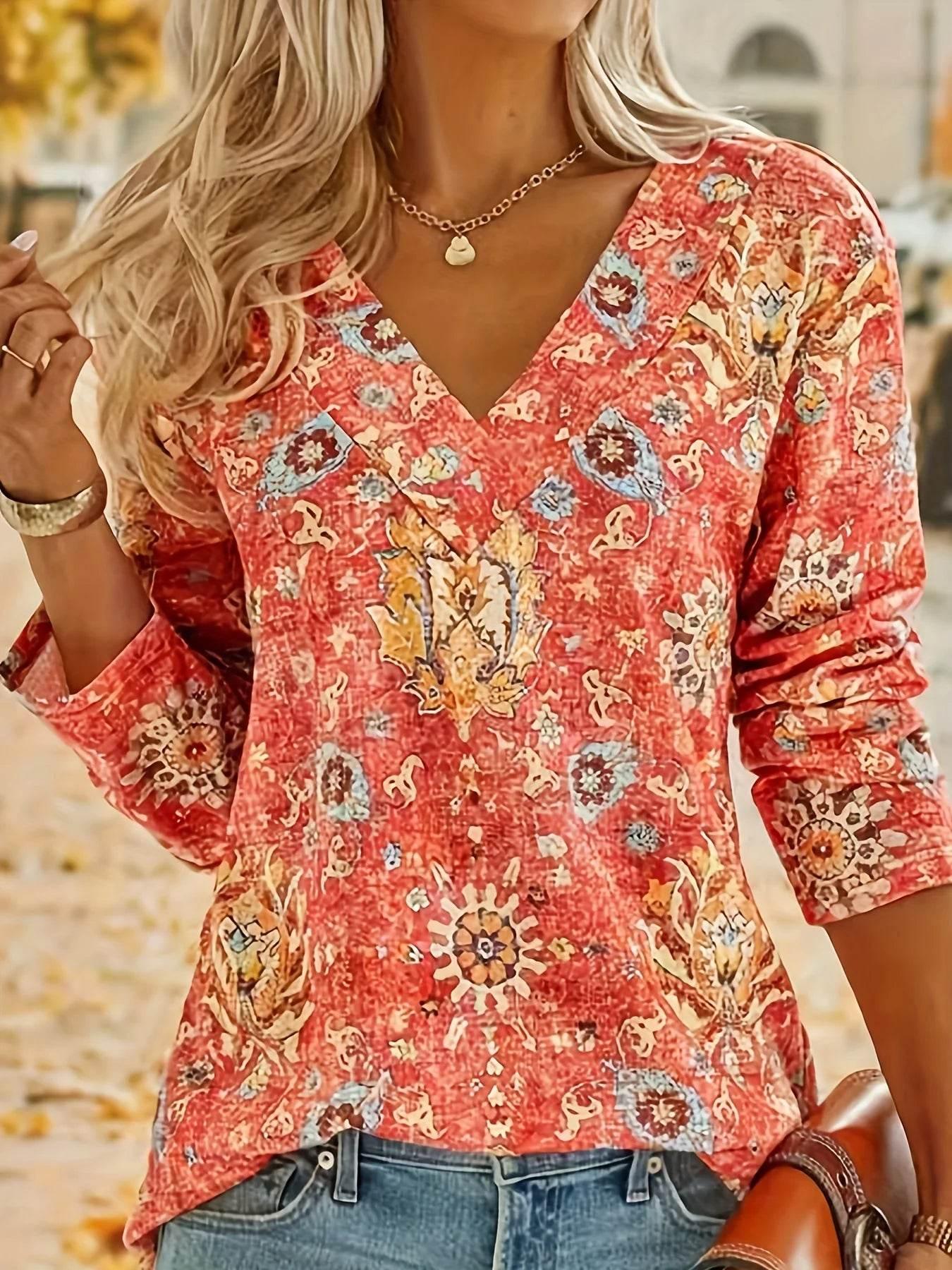 Plus Size Women's Floral Print Long Sleeve Casual V Neck Slight Stretch Top - Empire P.E
