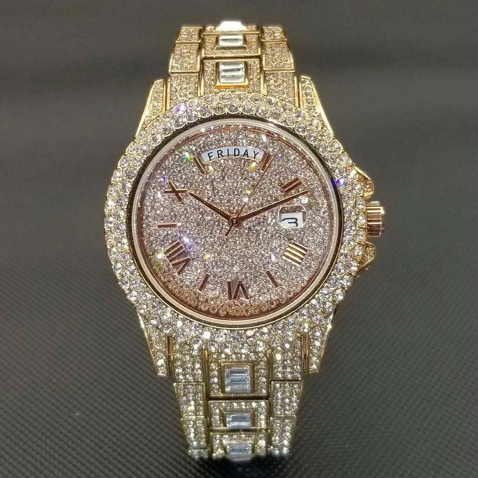 Luxury Shiny Diamond Watch For Men Hip Hop Trendy Iced Out Quartz Watches High Quality Stainless Steel Waterproof Day Date Clock - Empire P.E