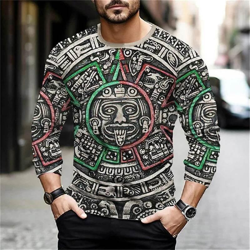 2024 Mexico Aztec Graphic T Shirts For Men Vintage 3d Printed Long Sleeve Tees Street Hip Hop Oversized T-Shirt Male Clothing - Empire P.E