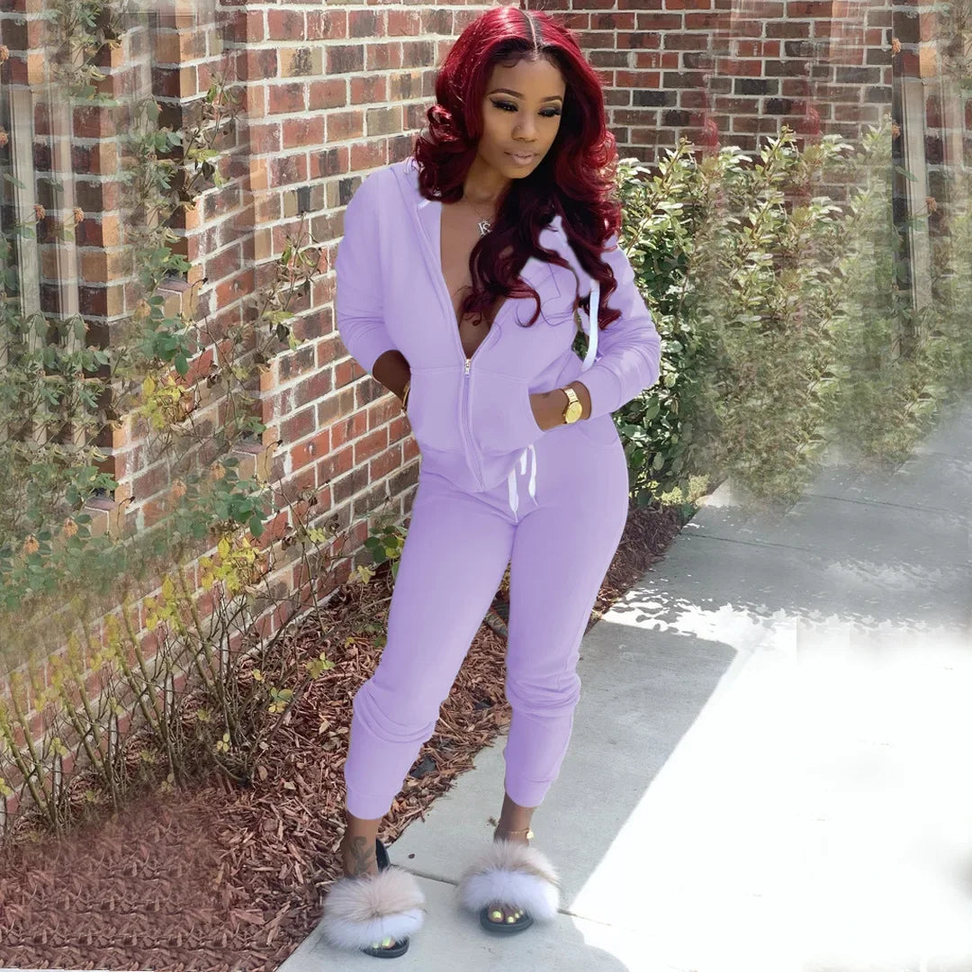 2 Pieces Set Women Fall Hot Style Pure Color Fleece two piece set - Empire P.E