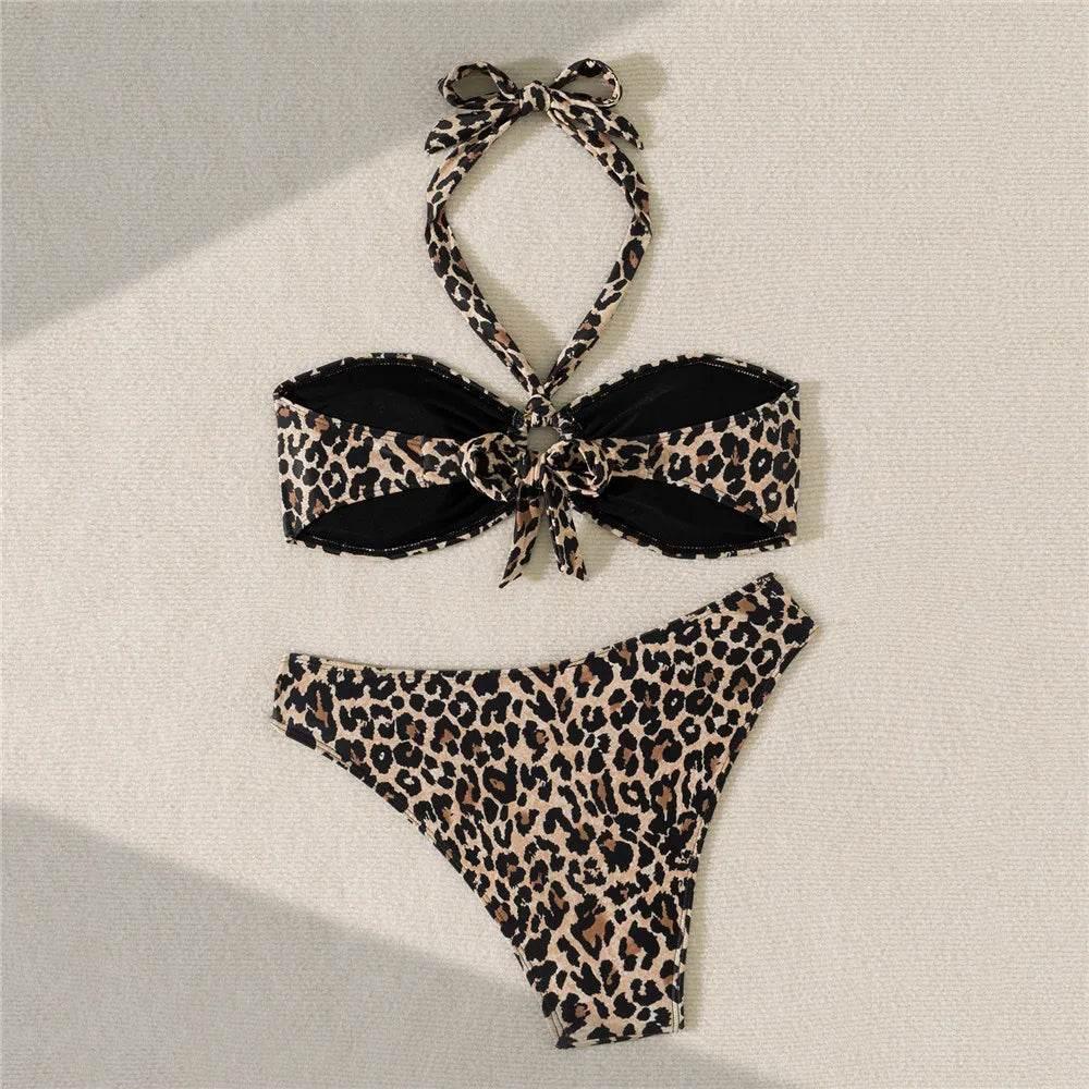 Halter Bandeau Leopard Print Bikinis Sets Woman Metal Ring Swimwear Hollow Out Sexy Swimsuit 2025 Bathing Suit Bikinis De Mujer - Empire P.E