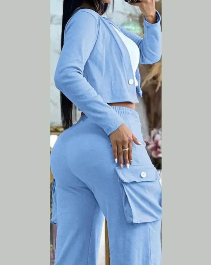 Spring Autumn Solid Slim Suit Women Long Sleeve Single Button V-neck Short Coat Drawstring Mid Waist Pocket Wide-Leg Pants Suit - Empire P.E