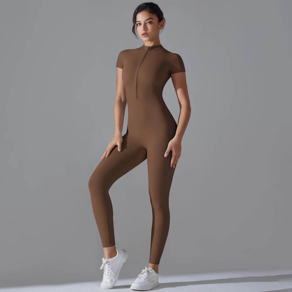 Yoga Set Women's Jumpsuits One-Piece Suit Zipper Short Sleeve Gym Push Up Workout Clothes Fitness Bodysuit Sportswear Tracksuit - Empire P.E