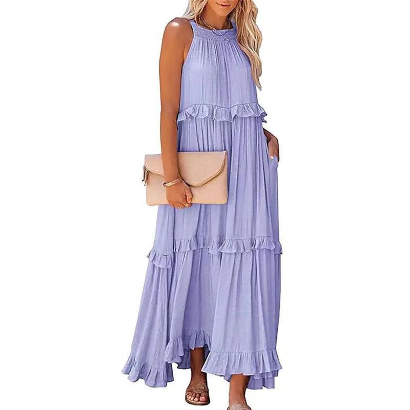 Women Casual Solid Ruffles Long Dress - Empire P.E