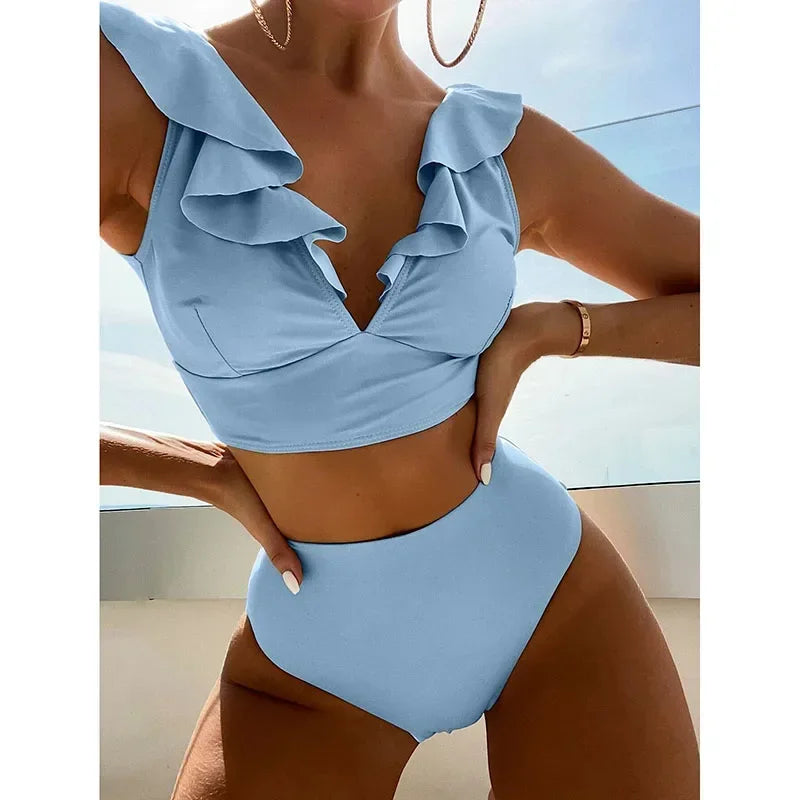 Riseado High Waist Bikinis Set Ruffle Shoulder Sexy Plunging Swimwear Women Bathing Suit Summer Beachwear - Empire P.E