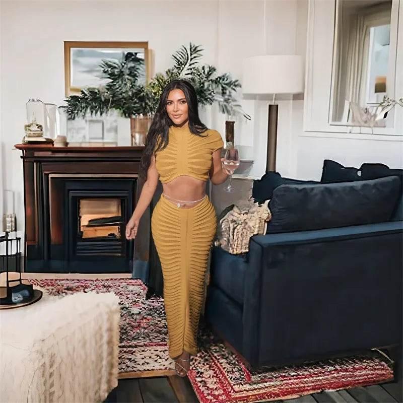 Sexy Knitted Striped 2 Piece Sets Women Outfit Y2K Clothes Birthday Sheer Crop Top and Long Skirt Set Elegant Night Club Outfits - Empire P.E