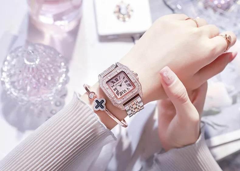 Ladies Dial Quartz Wristwatches Dress Clock Large square diamond-encrusted dial steel belt living waterproof quartz watch - Empire P.E