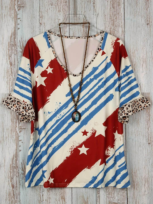 Plus Size Striped & Star Print T-Shirt, Casual V Neck Short Sleeve T-Shirt Women's Plus Size Clothing - Empire P.E