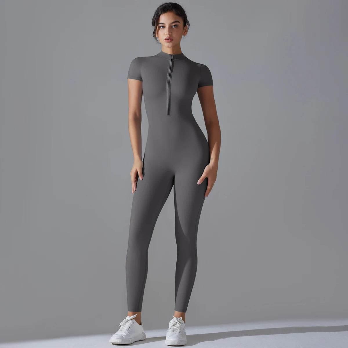 Yoga Set Women's Jumpsuits One-Piece Suit Zipper Short Sleeve Gym Push Up Workout Clothes Fitness Bodysuit Sportswear Tracksuit - Empire P.E