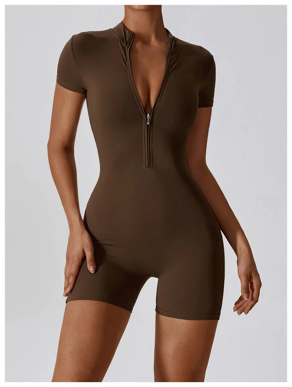 Yoga Set Women's One-Piece Suit Zipper Short Sleeve Gym Push Up Workout Clothes Fitness Short Bodysuit Sportswear Jumpsuits - Empire P.E