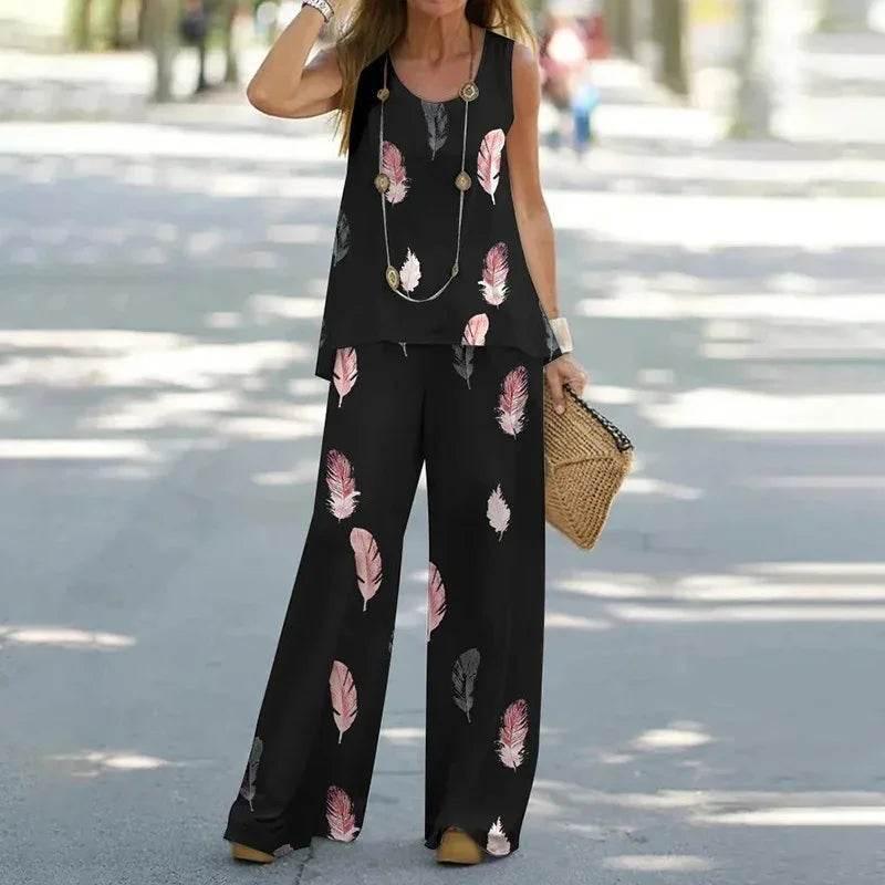 2023 Women 2 Piece Outfits Boho Casual Printed Vest Sleeveless Top Loose Wide Leg Pants Trousers Two Piece Set Elegant Suit - Empire P.E