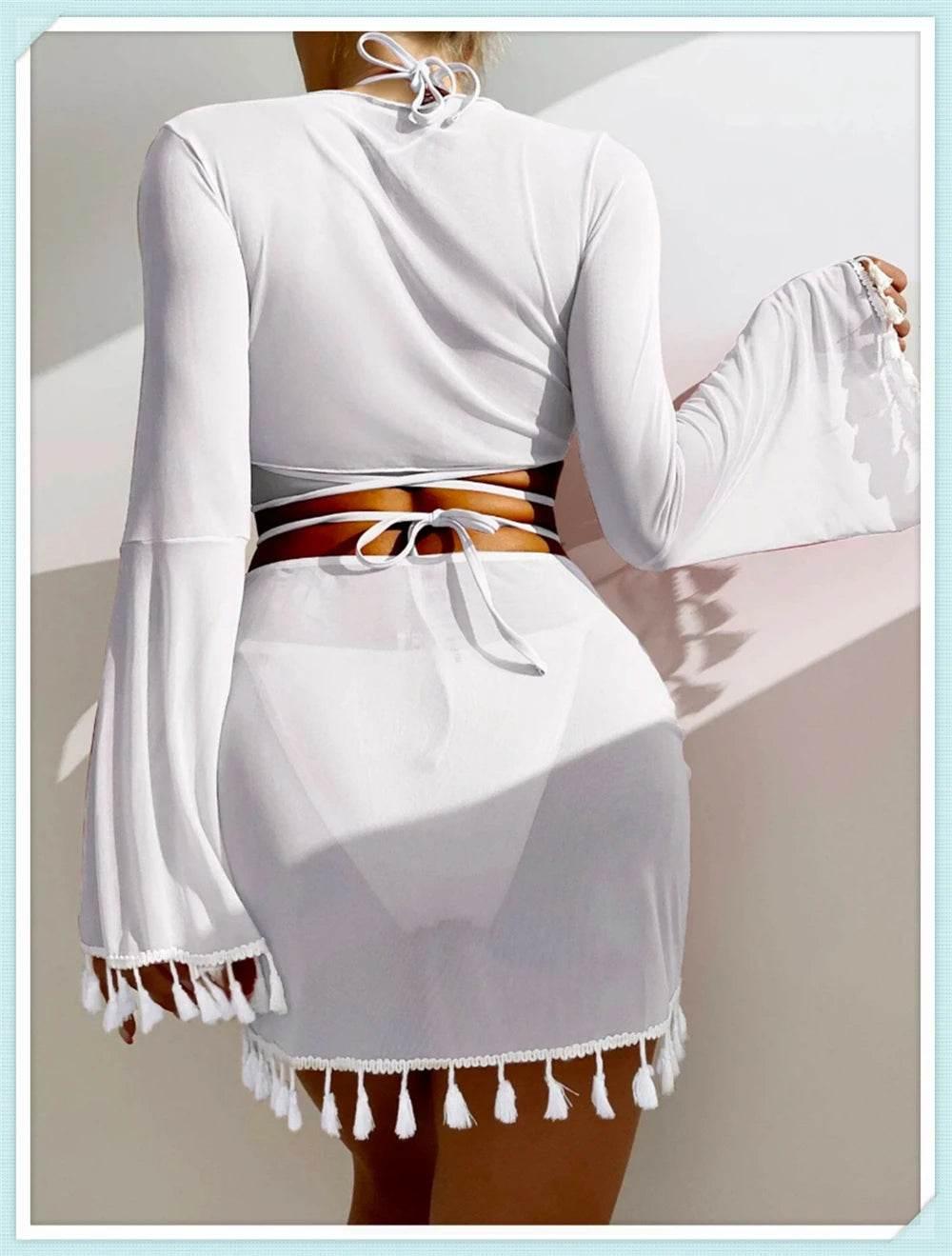Sexy 4 Pieces Halter Bikinis Women Solid Swimwear Female Cover Up Swimsuit Long Sleeve And Skirt Bathing Suit Beachwear Summer - Empire P.E