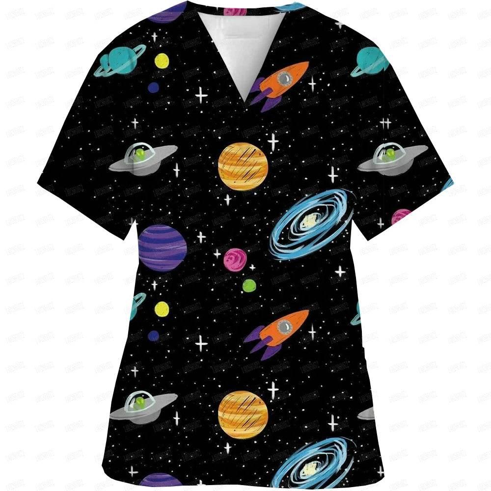 Women Easter Day Nurse Uniform Cartoon Print Short Sleeve V Neck - Empire P.E