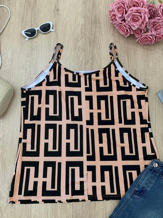 Plus size women's clothing elegant and fashionable contrast printed suspender tops spring, summer and autumn style - Empire P.E