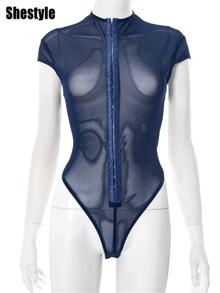 Navy Blue Mesh See-Through Bodysuit Women 2025 - Empire P.E