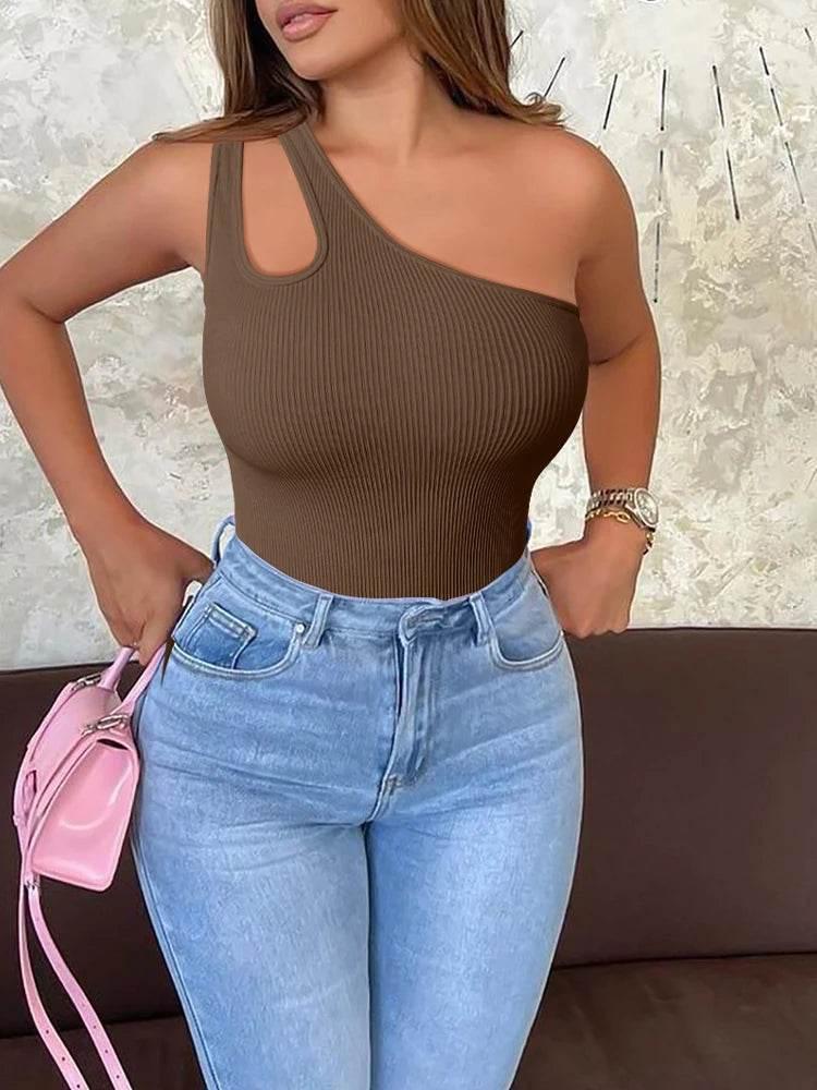 Women's Yoga Bodysuit Sleeveless Solid Color Sexy Fitness Workout Breathable One Shoulder Sport Tight Jumpsuit - Empire P.E