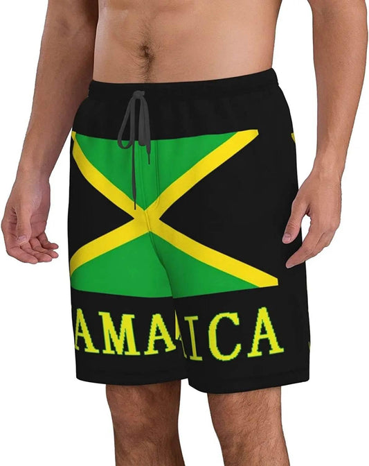 Jamaican Flag Mens Beach Shorts Swimming Trunks Board Shorts Elastic Waist with Pocket - Empire P.E