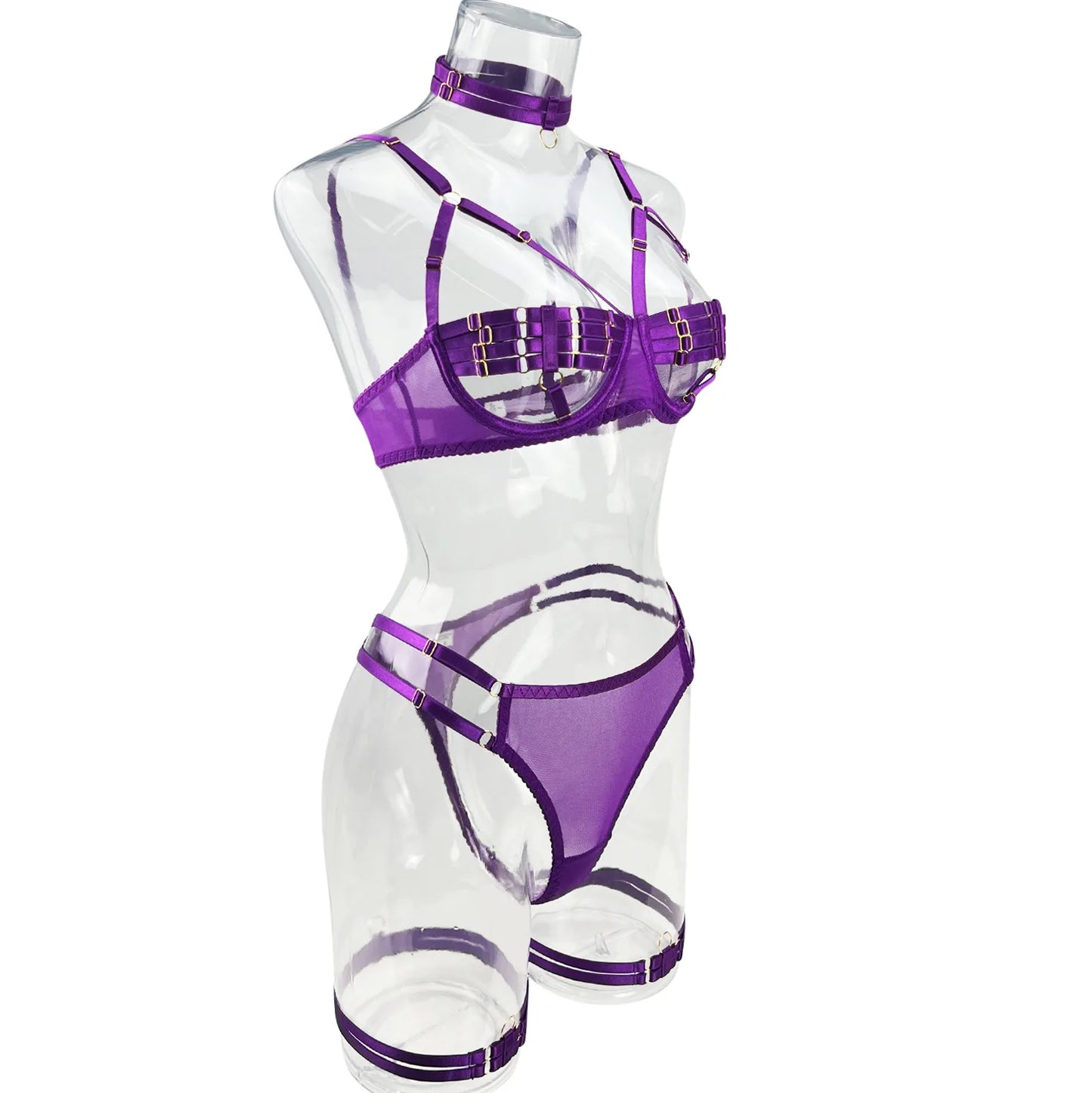 Yimunancy 4-Piece Bandage Erotic Set Women Choker Cut Out Solid Vintage Purple Sexy Lingerie Set Breif Kit - Empire P.E