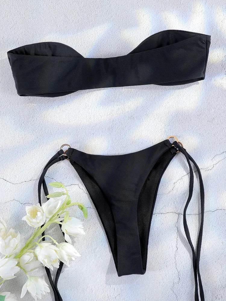 Solid Swimsuit Women Bathing Suit Bandeau Bikini 2024 Biquinis Feminino Swimwear High Waist Bikini Set Beachwear Sexy Bikinis - Empire P.E