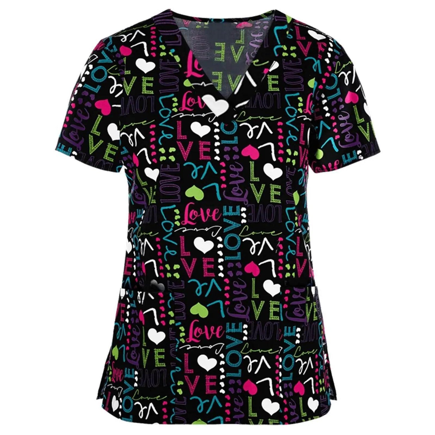Women Working Uniform Animal Print Cartoon Cat Dog Short Sleeve V-neck Tops - Empire P.E