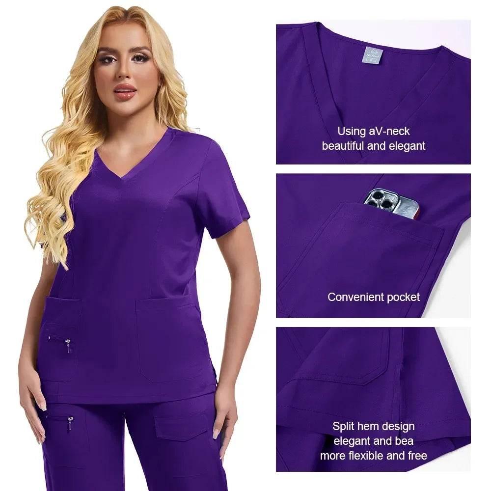 Workwear Nursing Women Scrubs Pants Elastic Wholesale Working Uniform Women Short Sleeve Neck Tops Dental Hospital Scrubs Suits - Empire P.E