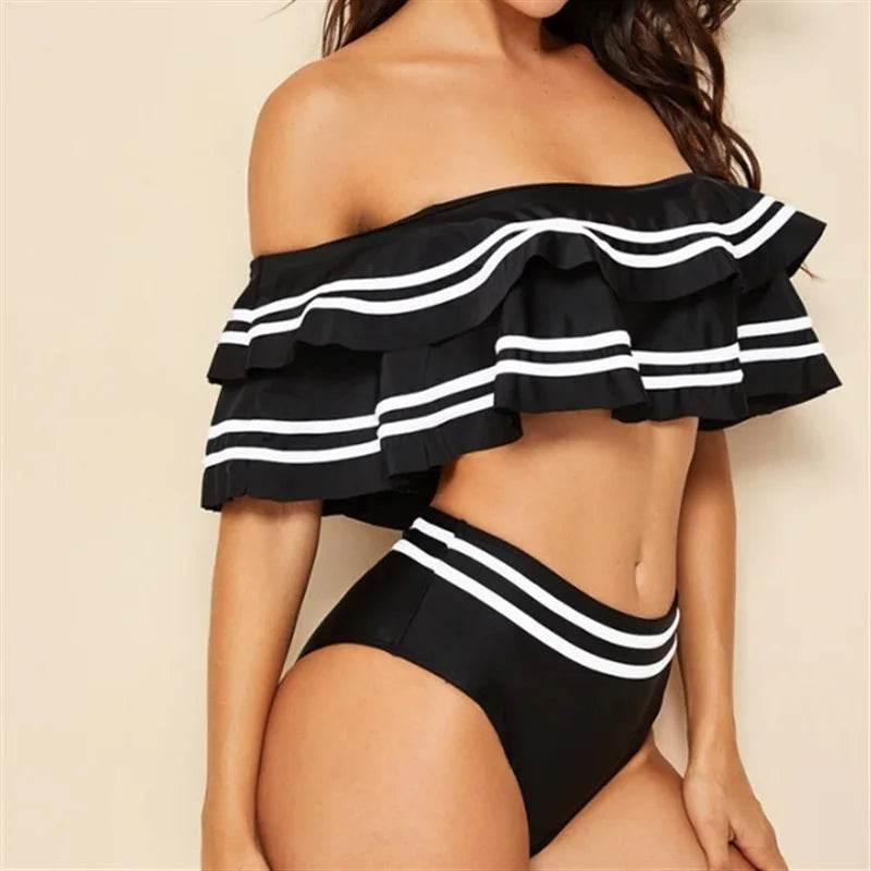 Black striped women bikini set two pieces sexy off shoulder ruffles high waist bathing suits summer beach swimsuits - Empire P.E