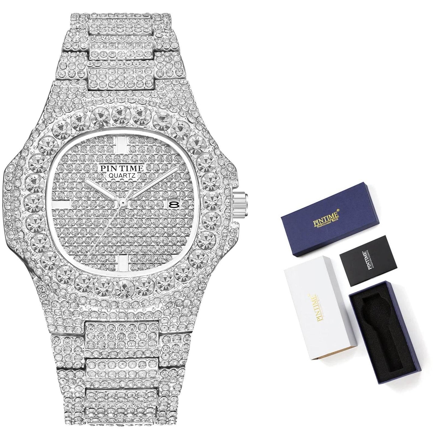 Wholesale Men Women Diamond Iced Out Watch Stainless Steel Big Crystal Stone Quartz Wristwatches for Mens Full Paved - Empire P.E