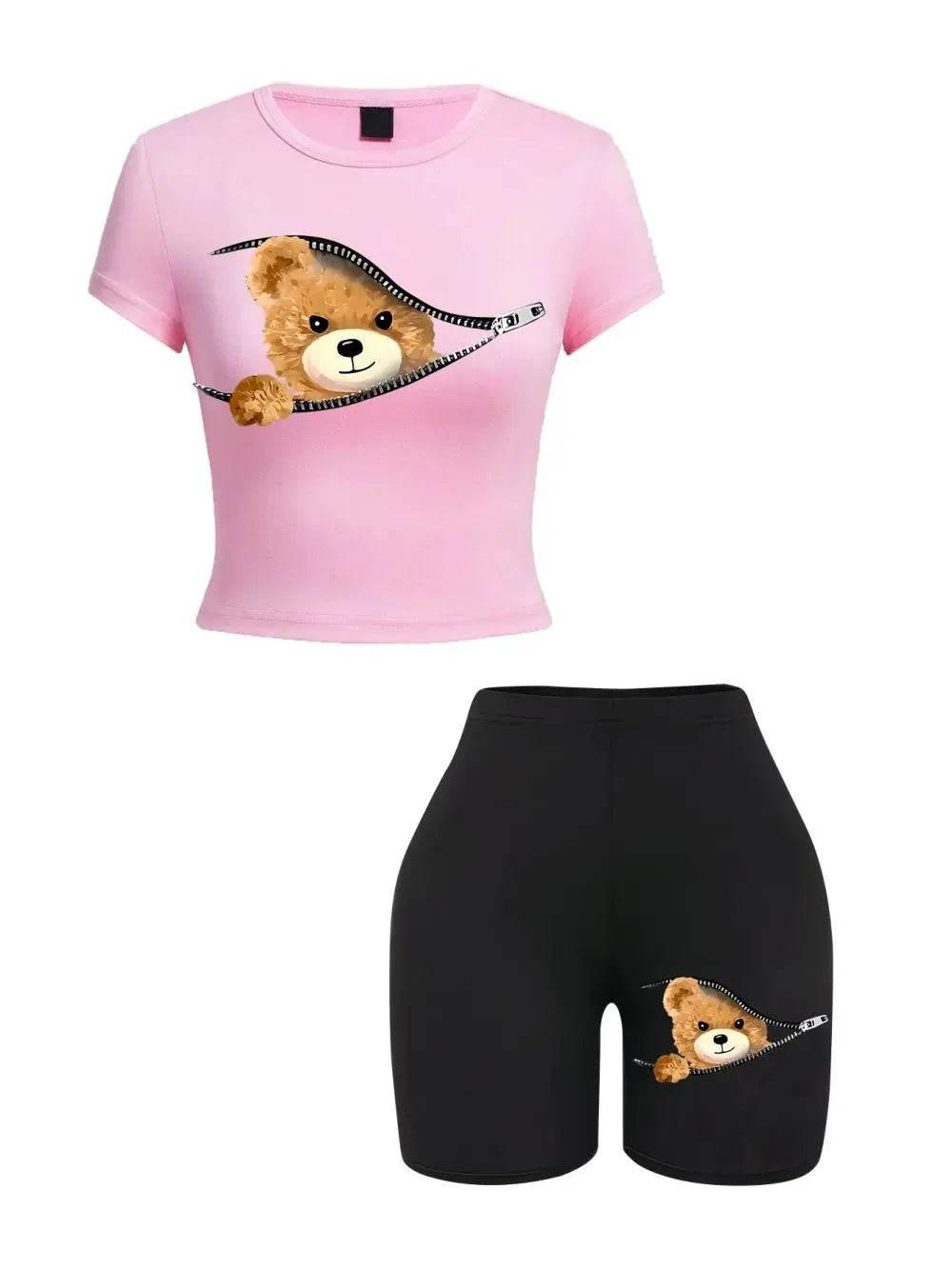2 Pieces Set Women Slim Crop T-Shirts Shorts A Teddy Bear Emerged From The Zipper Prints Tops Sporty High Elastic Soft Clothes - Empire P.E