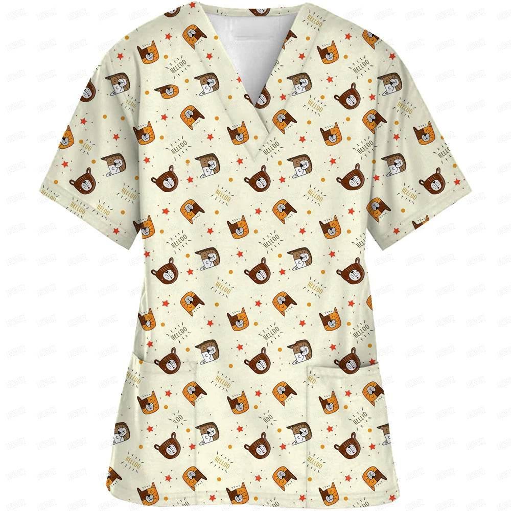 Women Easter Day Nurse Uniform Cartoon Print Short Sleeve V Neck - Empire P.E