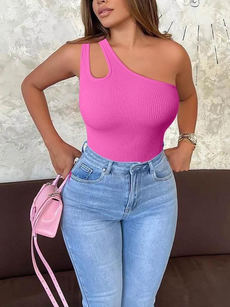 Women's Yoga Bodysuit Sleeveless Solid Color Sexy Fitness Workout Breathable One Shoulder Sport Tight Jumpsuit - Empire P.E