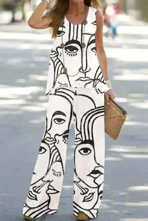2023 Women 2 Piece Outfits Boho Casual Printed Vest Sleeveless Top Loose Wide Leg Pants Trousers Two Piece Set Elegant Suit - Empire P.E