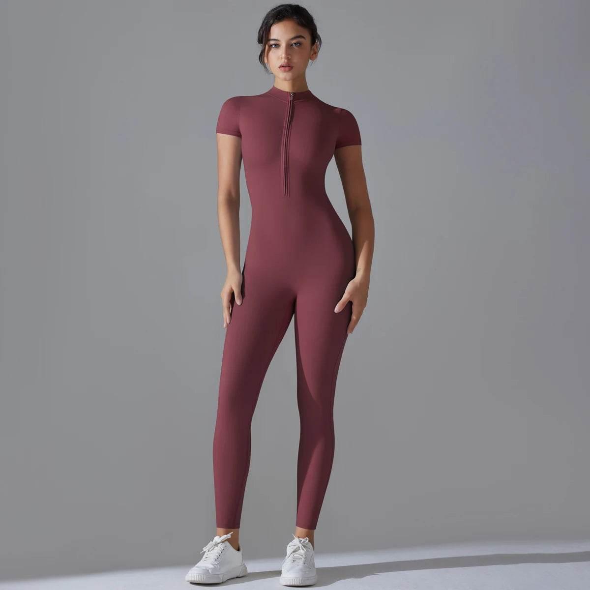 Yoga Set Women's Jumpsuits One-Piece Suit Zipper Short Sleeve Gym Push Up Workout Clothes Fitness Bodysuit Sportswear Tracksuit - Empire P.E