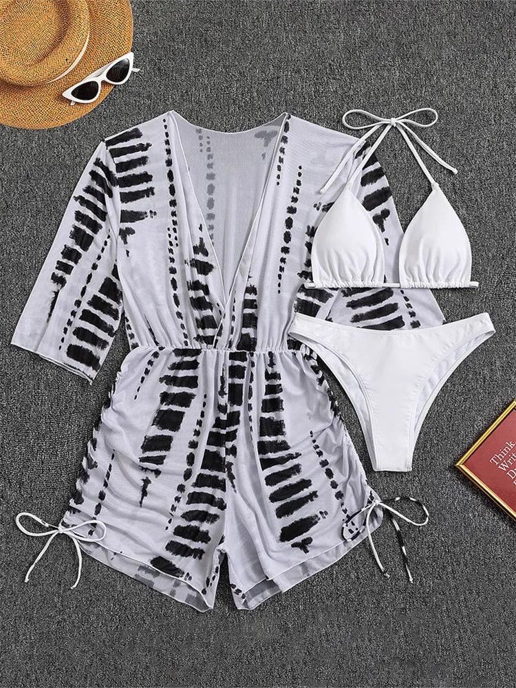 Geometric Print 3 Pieces Suit Swimwear Drawstring Bodysuit Mesh - Empire P.E