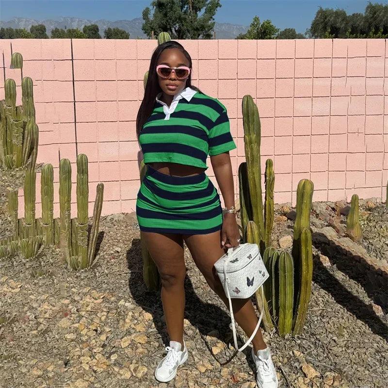 Sporty Fitness Striped Print 2 Pieces Set for Woman Streetwear Casual Turn-down Collar Shirt Crop Top and Mini Skirt Sets Summer - Empire P.E