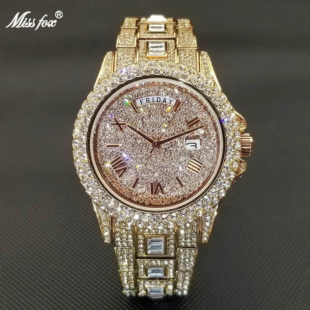 Luxury Shiny Diamond Watch For Men Hip Hop Trendy Iced Out Quartz Watches High Quality Stainless Steel Waterproof Day Date Clock - Empire P.E