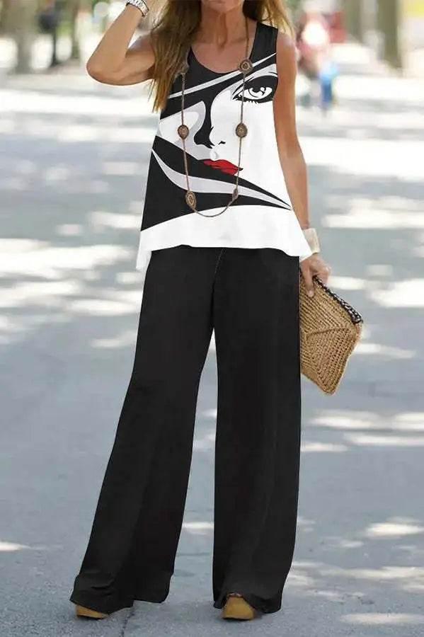 2023 Women 2 Piece Outfits Boho Casual Printed Vest Sleeveless Top Loose Wide Leg Pants Trousers Two Piece Set Elegant Suit - Empire P.E
